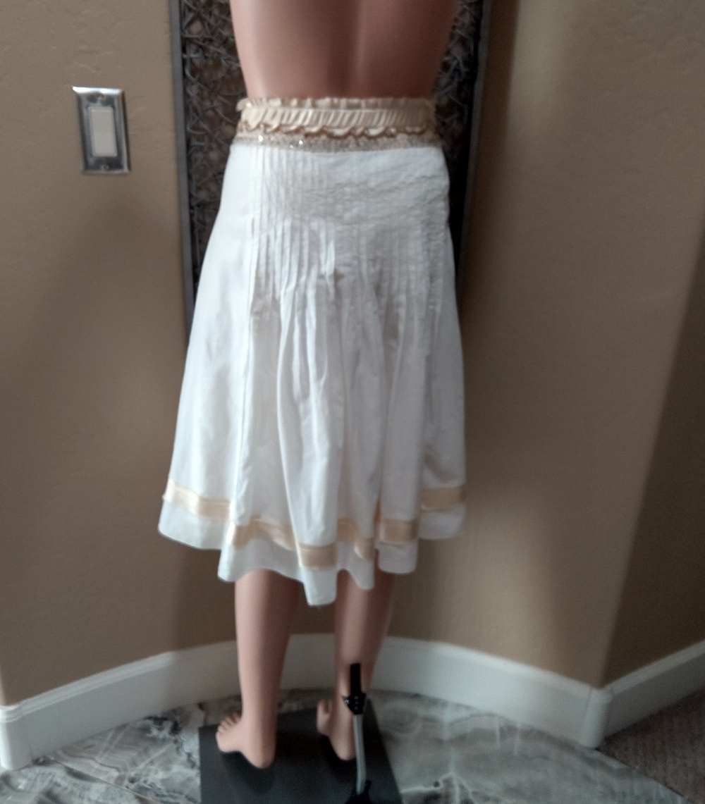 Ashley B White Pleated Full Midi Skirt with Gold Satin Trim and Sequin Detail - Picture 5 of 7
